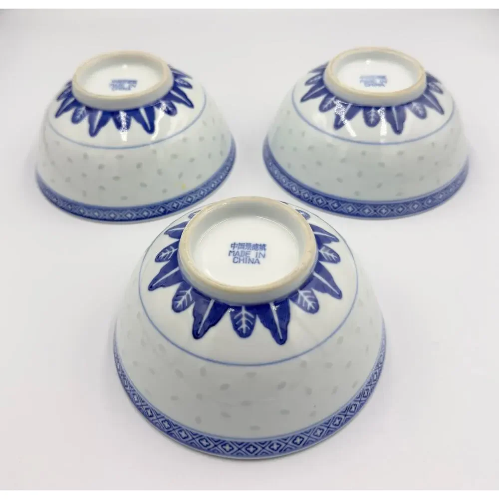 Tienshan Chinese Rice Grain Coupe Soup Bowls Blue & White Chrysanthemum 3pc Set